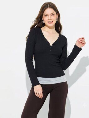 Wild Fable Black Ribbed Long Sleeve Henley Top Cropped Fit Size Large